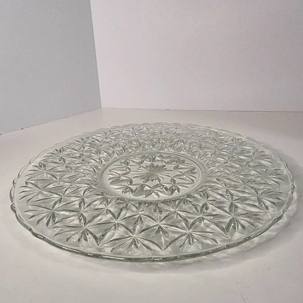 Vintage Clear Pressed Glass Round Serving Platter Starburst Floral 12 Inch